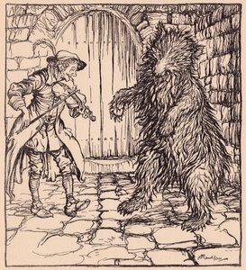 Cuando el oso oyó la música no pudo evitar ponerse a bailar. Ilustración de Arthur Rackham del cuento de Grimm El sastrecillo astuto. de Arthur Rackham