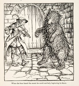 Cuando el oso escuchó la música no pudo evitar empezar a bailar, de Hermanito y hermanita y otros cuentos de los Hermanos Grimm, pub.1917 de Arthur Rackham