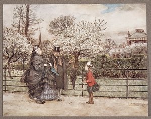 Cuando te encuentras con adultos en los jardines que resoplan y bufan como si se creyeran más grandes de lo que son, de Peter Pan en los jardines de Kensington de J. M. Barrie (1860 - 1937), pub. 1906 de Arthur Rackham