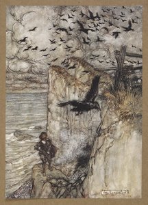 .... chovas pechirrojas, muchas de ellas, levantándose y graznando al oír el disparo".
Una escena de "El sueño de una noche de verano". de Arthur Rackham