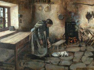 Interior de una granja (óleo sobre lienzo) de Arthur Rigg