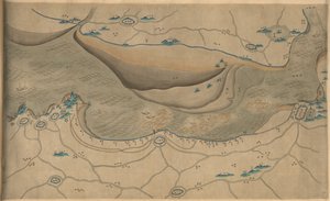 120.000. suministrados. Orientado con el norte hacia abajo. El relieve se muestra de forma pictórica. Mapa pictórico. Compra de Hummel 1930, no. 34. Muestra el área a lo largo del río Qiantang, especialmente la sección de la bahía de Hangzhou en la provinc