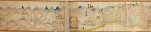 16.000. suministrados. Orientado con el norte a la derecha. Relieve mostrado pictóricamente. Vista de pájaro. Cubre el río Wei en Baoji Xian, Shanxi Sheng hasta Shu Dao en la frontera Shanxi-Sichuan. Muestra los asentamientos, las paradas de descanso, las 