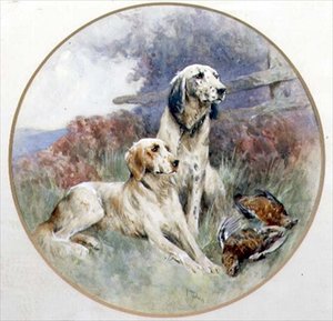 Una pareja de setters vigilando a un urogallo