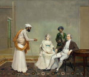 Retrato del juez Suetonius Grant Heatly y Temperance Heatly con sus sirvientes indios, en un interior en Calcuta, c.1786