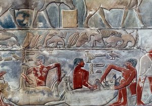 Arte Egipto: gavage de un hyene. Colegio similar a la Mastaba de Mereruka.