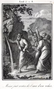 Biblia- Moisés golpea la roca y sale agua de ella Éxodo (grabado) de Artist Unknown