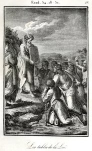 Biblia, Moisés mostrando las dos tablas con los diez mandamientos (grabado)