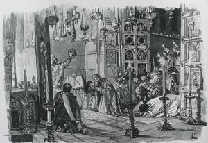 CHARLEMAGNE o CARLOS I (742-814). Rey de los francos y los lombardos (768-814) y emperador del Sacro Imperio Romano Germánico (800-814). Coronación de Carlomagno como emperador del Sacro Imperio Romano Germánico (800). Grabado. de Artist Unknown