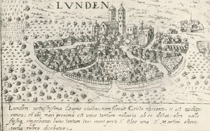 Ciudad de Lund, que perteneció a Dinamarca en la Edad Media, grabado de Artist Unknown