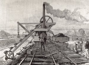 Construcción del Canal de Panamá. Trabajos de dragado en el pueblo de Culebra. Dibujo original de Meltor Prior. Imagen publicada en "The Illustrated London News". Grabado. de Artist Unknown