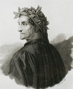 DANTE ALIGHIERI (1265-1321). Poeta italiano; Rafael (1483-1520). Reproducción de un fresco de Rafael. Grabado.