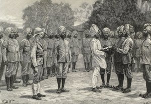 Inglaterra (siglo XIX). Colonización. India. Los nuevos regimientos de Birmania. Prestando juramento a los nuevos reclutas. Grabado. Colección privada de Artist Unknown
