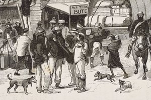 Inglaterra (siglo XIX). La colonización (1880). La vida de los buscadores de oro en Australia. Colonia inglesa de Botany Bay (fundada en 1788) e inicialmente poblada en su mayoría por delincuentes convertidos en buscadores y comerciantes. Grabado. Colecció