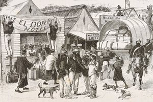 Inglaterra (siglo XIX). La colonización (1880). La vida de los buscadores de oro en Australia. Colonia inglesa de Botany Bay (fundada en 1788) e inicialmente poblada en su mayoría por delincuentes convertidos en buscadores y comerciantes. Grabado. Colecció de Artist Unknown