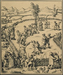 Fiesta campesina en una granja alemana ("Der Jahrmarkt"). Música y baile. (grabado) de Artist Unknown