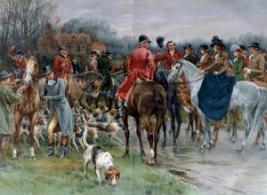 Caza en Inglaterra. Hombre en traje de caza y mujeres montando un caballo amazona se reúnen antes de ir de caza (grabado) de Artist Unknown