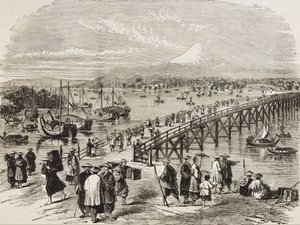 JAPÓN (siglo XIX).Ciudad de Edo, atravesada por el río Toniak. Grabado. Colección privada