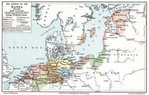 Mapa de la extensión de la Liga Hanseática hacia 1400 (impresión) de Artist Unknown