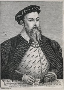 Mauricio de Sajonia (1521-1553). Duque (1541-47) y más tarde Elector (1547-53) de Sajonia. Protestante desde 1539. Retrato basado en un cuadro de Lucas Cranach. Grabado de Artist Unknown