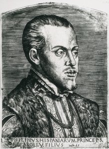 FELIPE II de España (1527-1598). Rey de España (1556-1598) y de Portugal (1580-1598). Retrato de Felipe todavía como príncipe. Xilografía. de Artist Unknown