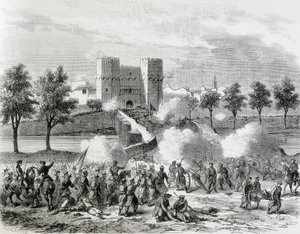España (1868). Revolución Gloriosa. Ataque de las tropas gubernamentales en la Puerta de Serrans de Valencia. Grabado de "La Ilustración. Jorinal Universal". Aguafuerte de Artist Unknown