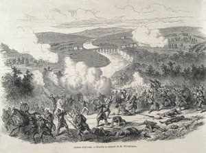 España. Revolución de 1868. Batalla de Alcolea (20 de septiembre), que culminó con el destronamiento de Isabel II. Grabado de Artist Unknown