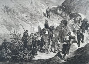 España. Tercera Guerra Carlista. Prisioneros carlistas caminando por las montañas del Ampurdán (Cataluña). Grabado. de Artist Unknown