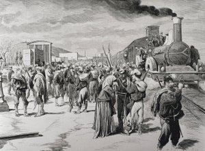 España. Tercera Guerra Carlista. Salida de un batallón de cuerpos libres contra los carlistas desde Barcelona. Imagen de "La Ilustración española y americana" (8 de abril de 1873). Grabado de Artist Unknown