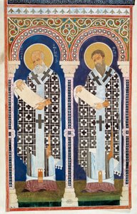 San Gregorio de Nisa y San Basilio Magno, padres de la Iglesia ortodoxa griega, grabado, siglo IV de Artist Unknown