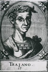 TRAJANO, Marco Ulpio Trajano (53-117). Retrato de Trajano con laureles. Detalle del grabado original. Grabado. de Artist Unknown