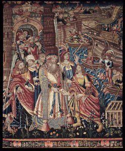 El navegante portugués Vasco de Gama (1459-1524) llegó a Calicut en la India en 1498, detalle, tapiz