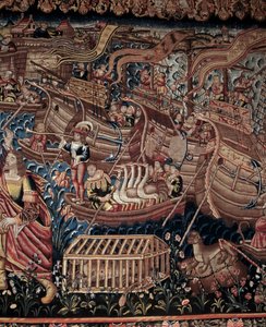El navegante portugués Vasco de Gama (1459-1524) llegó a Calicut en la India en 1498, detalle, tapiz de Artist Unknown