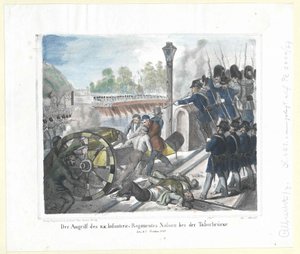 El ataque del k. k. Regimiento de Infantería Nassau en el Taborbruecke (Puente Tabor) el 6 de octubre de 1848 de Artist Unknown