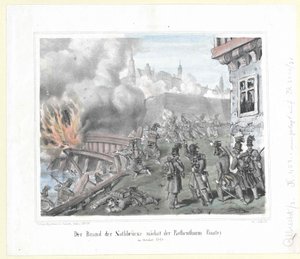 El incendio del Nothbruecke cerca del bastión Rothenthurm en octubre de 1848
