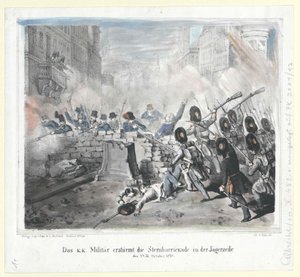 Los militares del k. k. asaltan la Sternbarrickade en la Jaegerzeile el 28 de octubre de 1848 de Artist Unknown