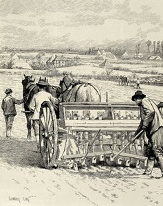 REINO UNIDO. INGLATERRA. Revolución industrial. Máquina perforadora inventada por Jethro Tull. Siembra de cebada en febrero. Dibujo de Gunning King publicado en "The Illustrated London News". Grabado.
