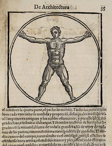 VITRUVIUS, Marco Vitrubio Polio (siglo I a.C.). "De Architectura", con traducción al castellano de Miguel de Urrea. Editado en Alcalá de Henares por Juan Gracián (1582). Ilustración de la página 35 con el canon del cuerpo humano. Xilografía