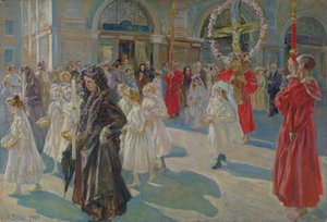 Procesión del Corpus Christi en Piazza Grande en Trieste, 1908 de Arturo Fittke