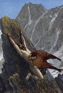 Águila devorando el hígado de Prometeo, encadenado a una roca por Zeus como castigo por robar el fuego de los dioses y dárselo a la humanidad