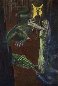 Jason observando a Medea poner a dormir al dragón que custodia el vellocino de oro de Artus Scheiner