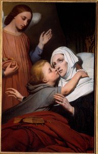 El niño caritativo. Un niño pequeño da un beso a una mujer enferma de Ary Scheffer