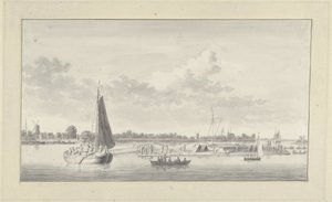 Gran balsa y varios barcos en el Merwede, cerca de la casa de Merwe, cerca de Dordrecht de Ary van Wanum