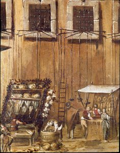 Plaza del tribunal de la Vicaria en Nápoles en la época de la revolución de Masaniello (detalle de vendedores de pan y pescado) de Ascanio Luciani