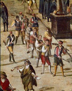 Plaza del tribunal de la Vicaria en Nápoles en la época de la revolución de Masaniello. Criminales son juzgados ante la entrada - Detalle que representa un grupo de convictos encadenados por el cuello - Pintura de Ascanio Luciani (ca. 1621-1706) Nápoles, M