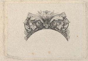 Elemento de enmarcado arqueado para billete, con hojas de acanto y vid, lirio y uvas..., ca. 1824-37