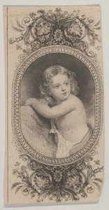 Motivo de billete: retrato de un niño y dos óvalos con patrones rodeados de un diseño floral