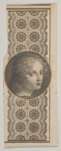 Motivo de billete con la cabeza de una niña derivada de Leonardo da Vinci contra un patrón..., ca. 1824-37 de Asher Brown Durand.