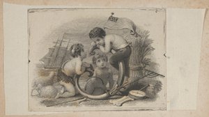 Viñeta de billete con tres putti como pastor, agricultor y marinero, ca. 1824-37