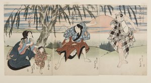 Actores Ichikawa Ebijūrō I como Ukisu no Iwamatsu (R), Arashi Kitsusaburō II como el campesino Jōsaku (C), Arashi Kitsuzō como Jōkichi, y Sawamura Kunitarō II como la esposa de Jōsaku, Okinu (L) de Ashiyuki Gigado